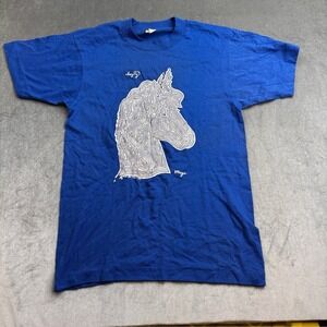VTG Screen Stars Blue Graphic T-Shirt Horse Maze Men's Small